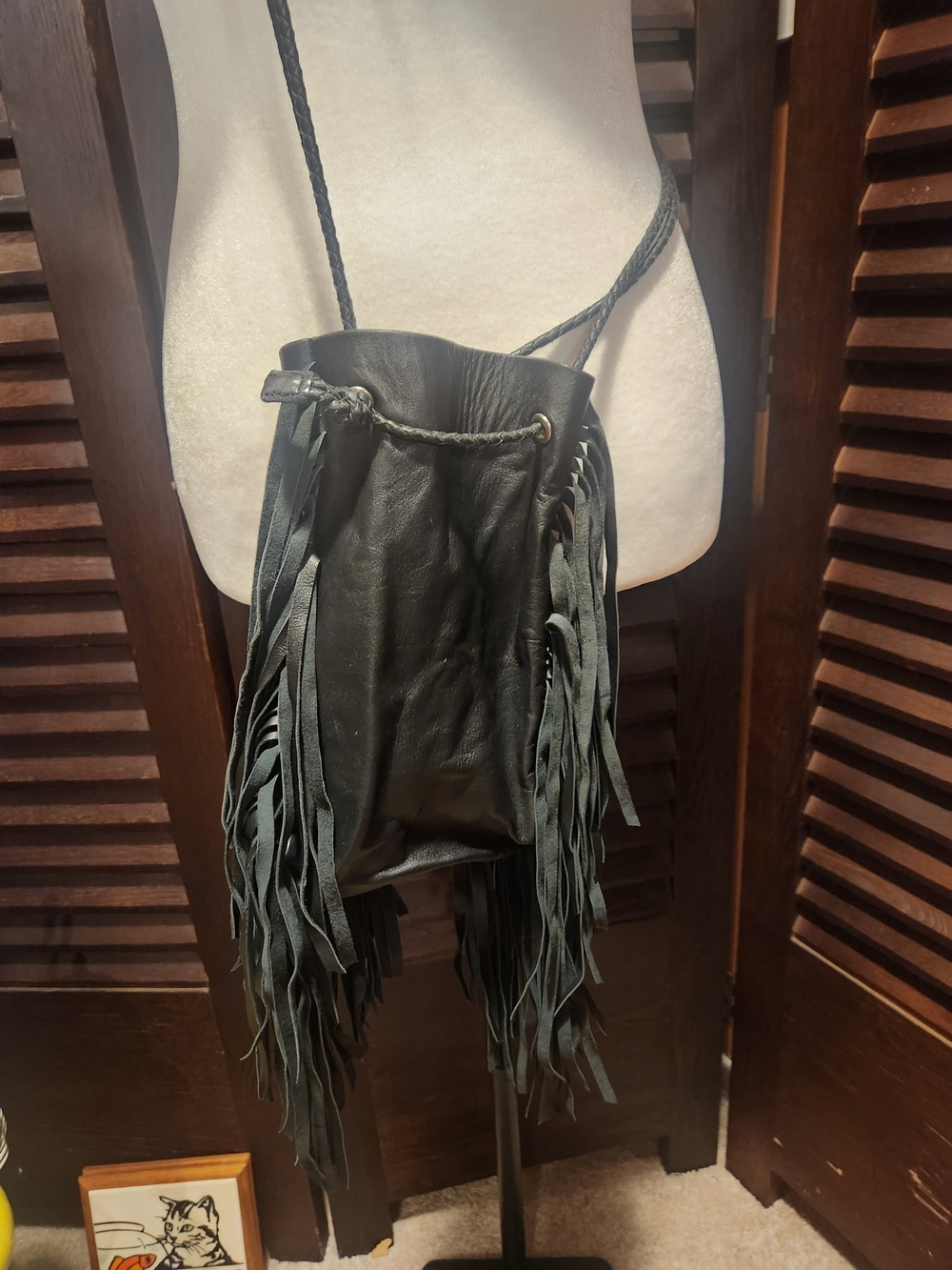 Fringed Crossbody Bucket Bag in Black - Picture 2 of 5